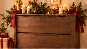 Walnut-tone shoe cabinet with Christmas greenery and warm lights