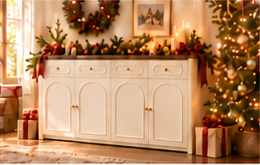 Cream shoe cabinet styled with festive garlands and wrapped gifts