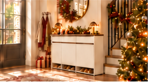 A welcoming Christmas entryway with shoe storage and seasonal decorations
