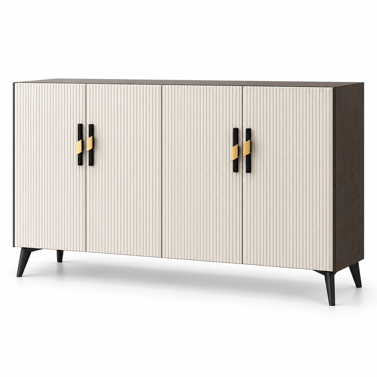 Cream Fluted & Dark Wood Tone Shoe Cabinet