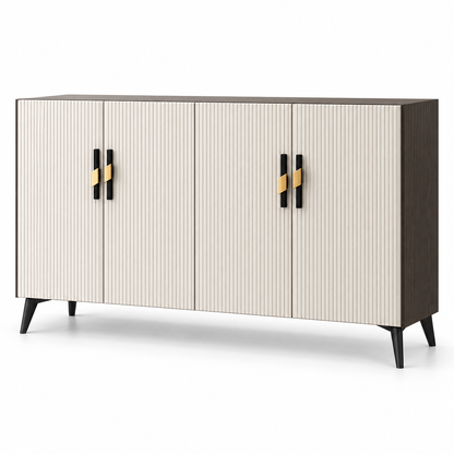 Cream Fluted & Dark Wood Tone Shoe Cabinet