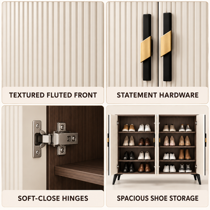Cream Fluted & Dark Wood Tone Shoe Cabinet