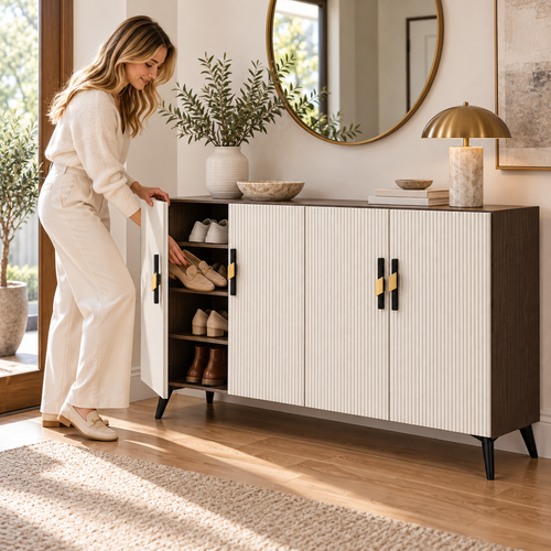 Cream Fluted & Dark Wood Tone Shoe Cabinet
