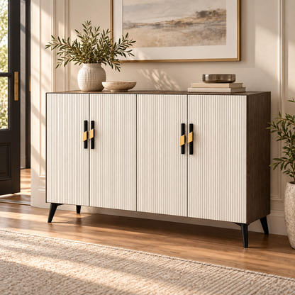 Cream Fluted & Dark Wood Tone Shoe Cabinet