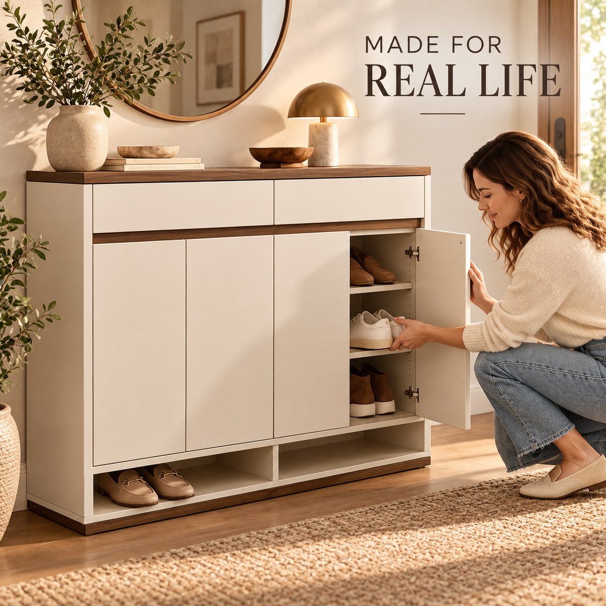 Cream & Walnut-Tone Shoe Storage Cabinet