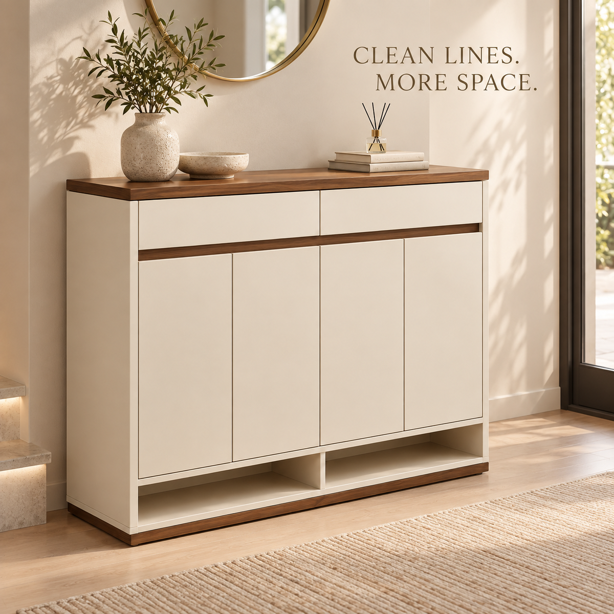 Cream & Walnut-Tone Shoe Storage Cabinet