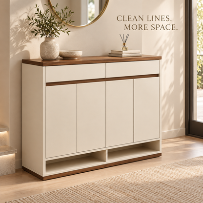 Cream & Walnut-Tone Shoe Storage Cabinet