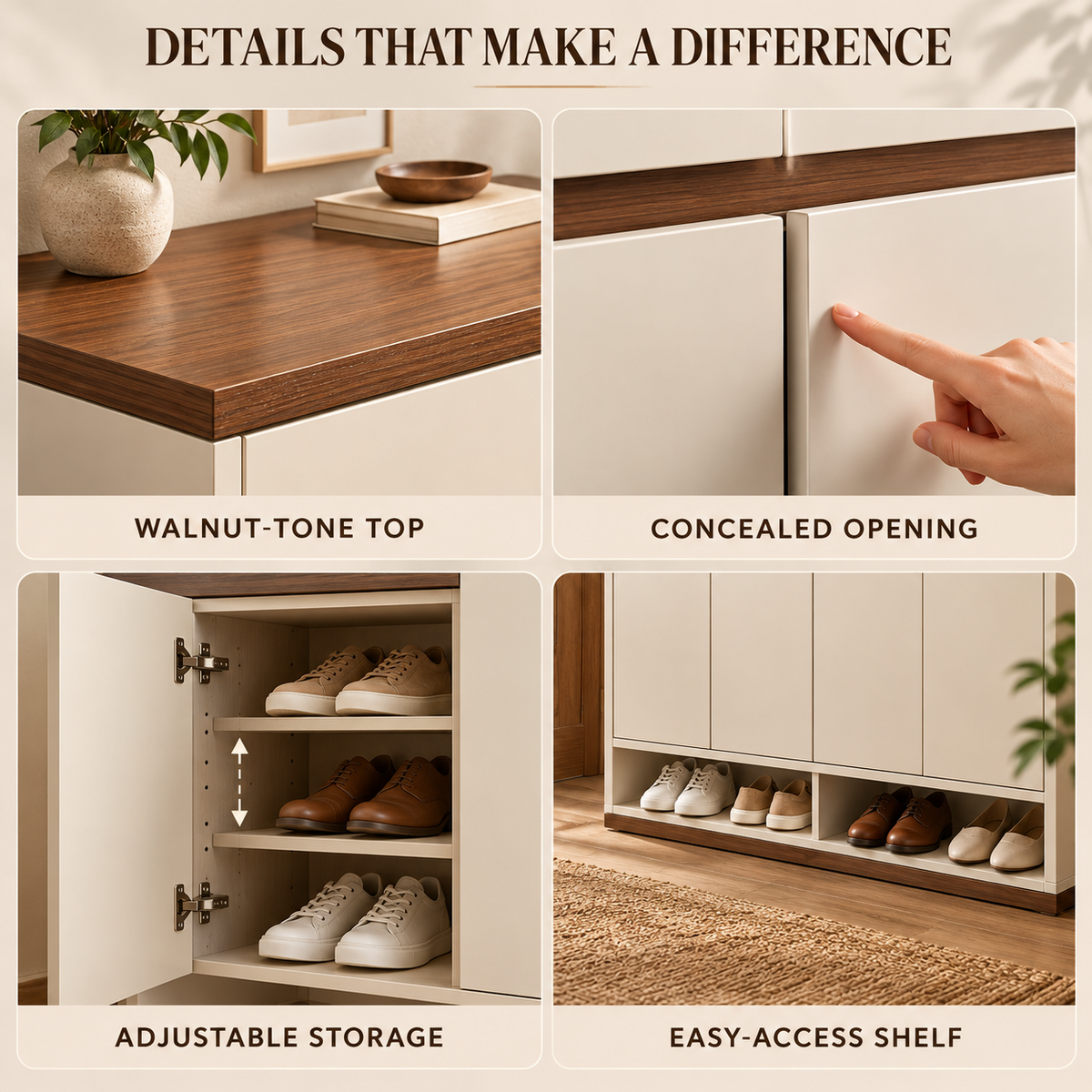 Cream & Walnut-Tone Shoe Storage Cabinet