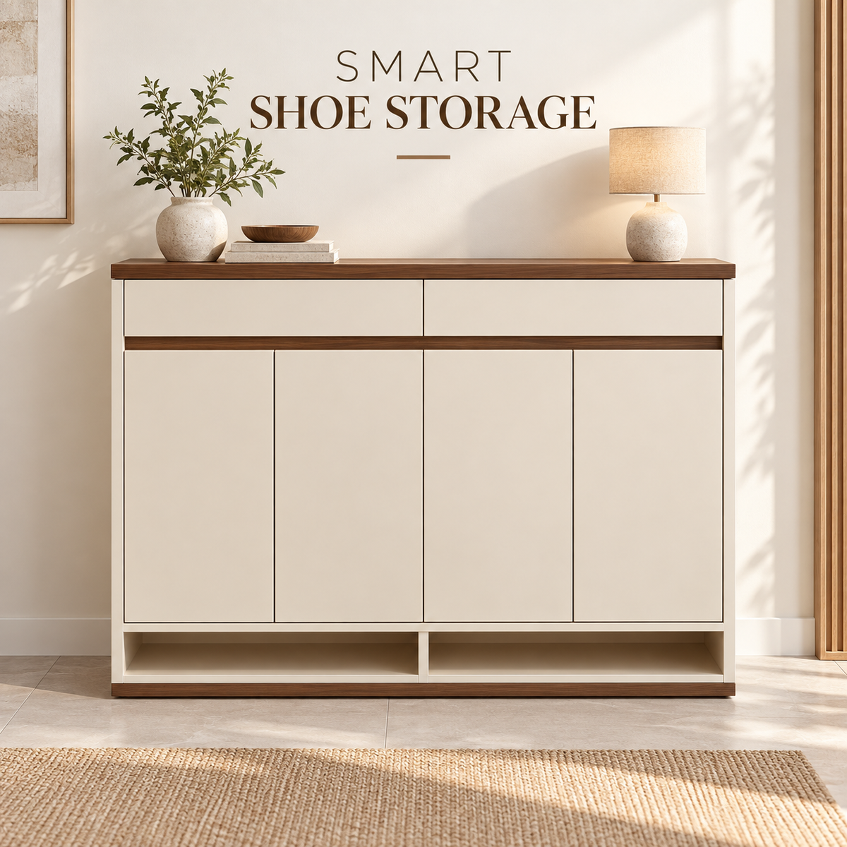 Cream & Walnut-Tone Shoe Storage Cabinet