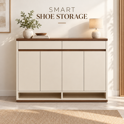 Cream & Walnut-Tone Shoe Storage Cabinet