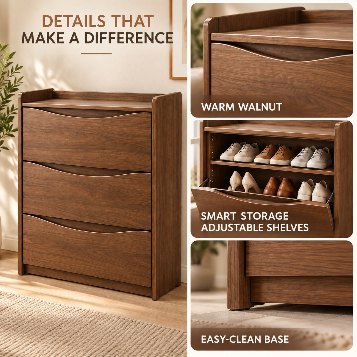 Walnut-Tone Wave Front Shoe Cabinet