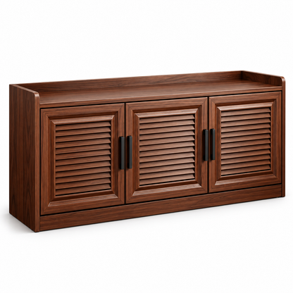 Walnut-Tone Louvered Shoe Cabinet
