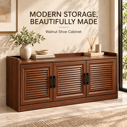 Walnut-Tone Louvered Shoe Cabinet