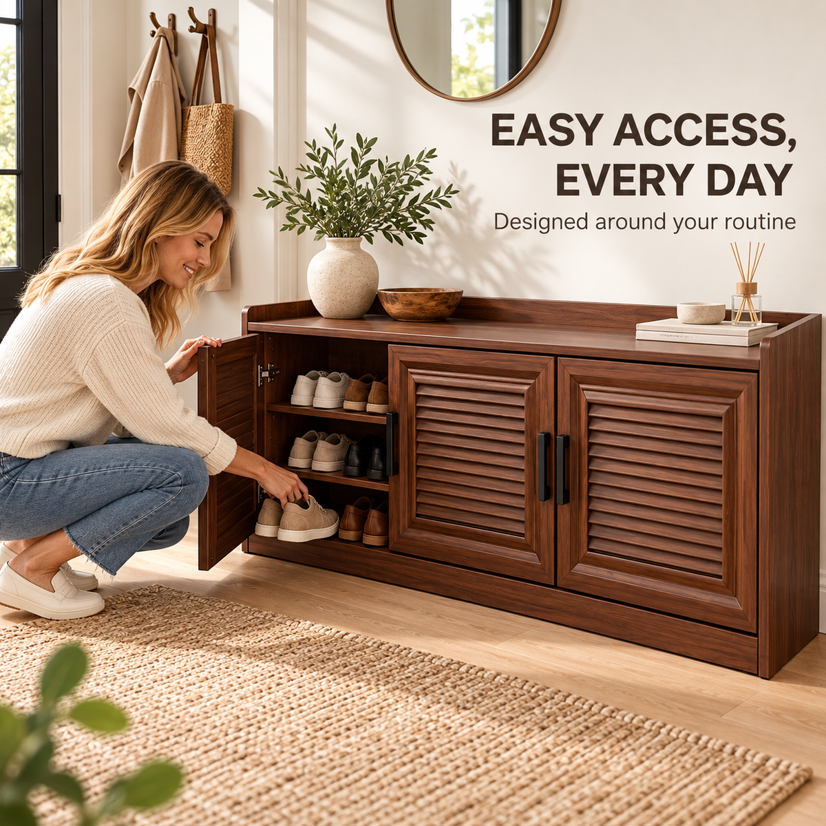 Walnut-Tone Louvered Shoe Cabinet