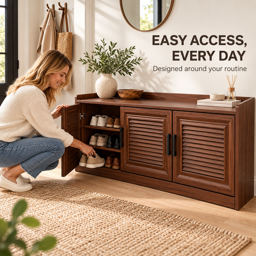 Walnut-Tone Louvered Shoe Cabinet