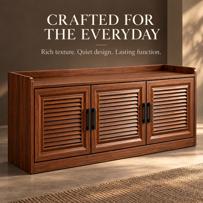 Walnut-Tone Louvered Shoe Cabinet