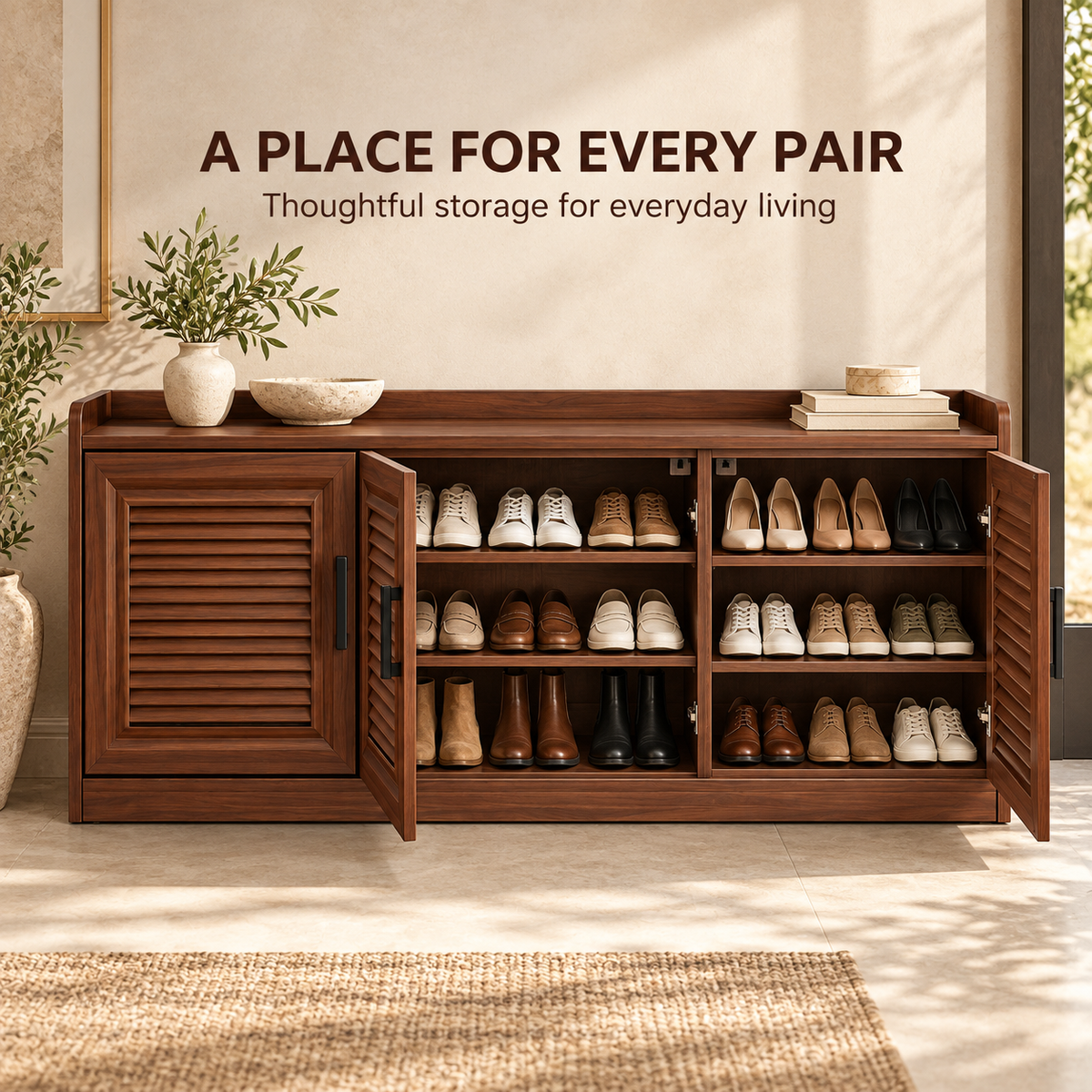 Walnut-Tone Louvered Shoe Cabinet