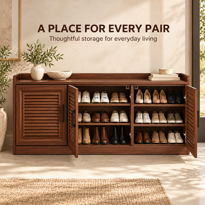 Walnut-Tone Louvered Shoe Cabinet