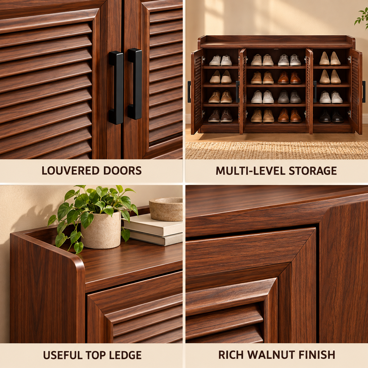 Walnut-Tone Louvered Shoe Cabinet