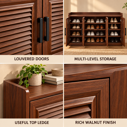 Walnut-Tone Louvered Shoe Cabinet