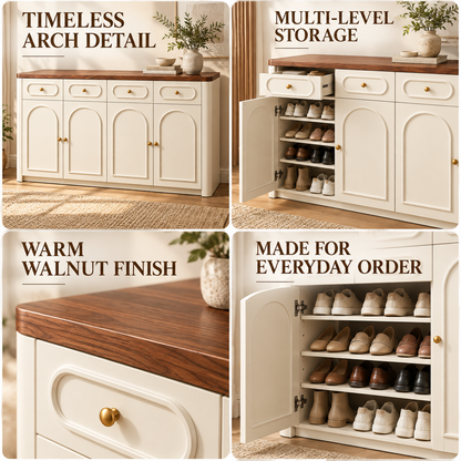 Cream Arched Shoe Cabinet with Walnut-Tone Top