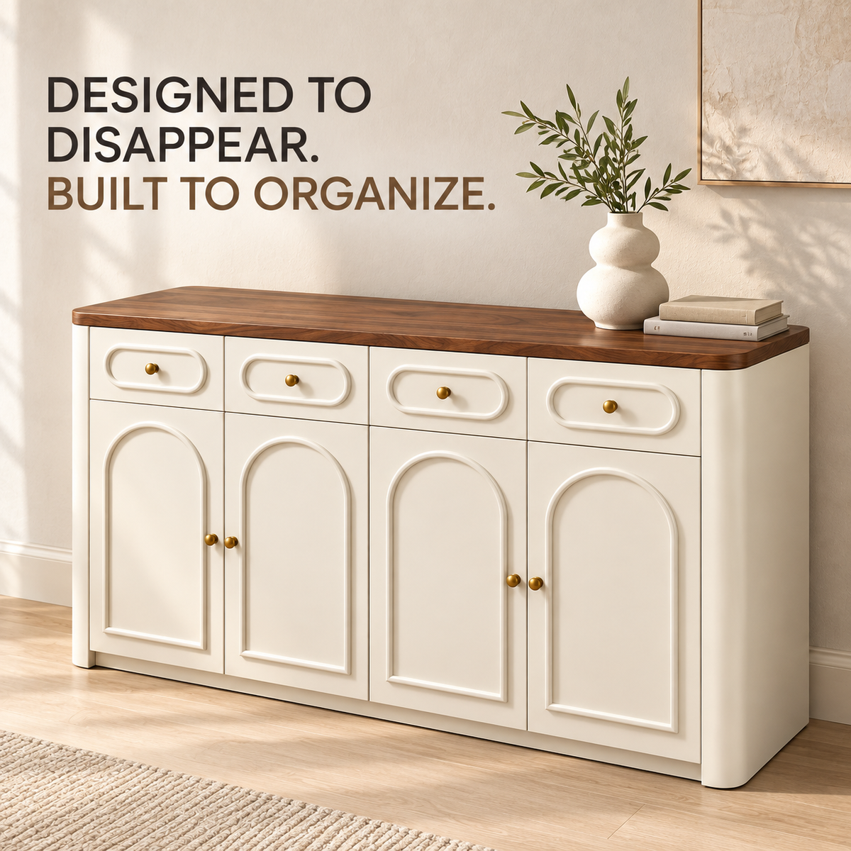 Cream Arched Shoe Cabinet with Walnut-Tone Top