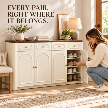 Cream Arched Shoe Cabinet with Walnut-Tone Top