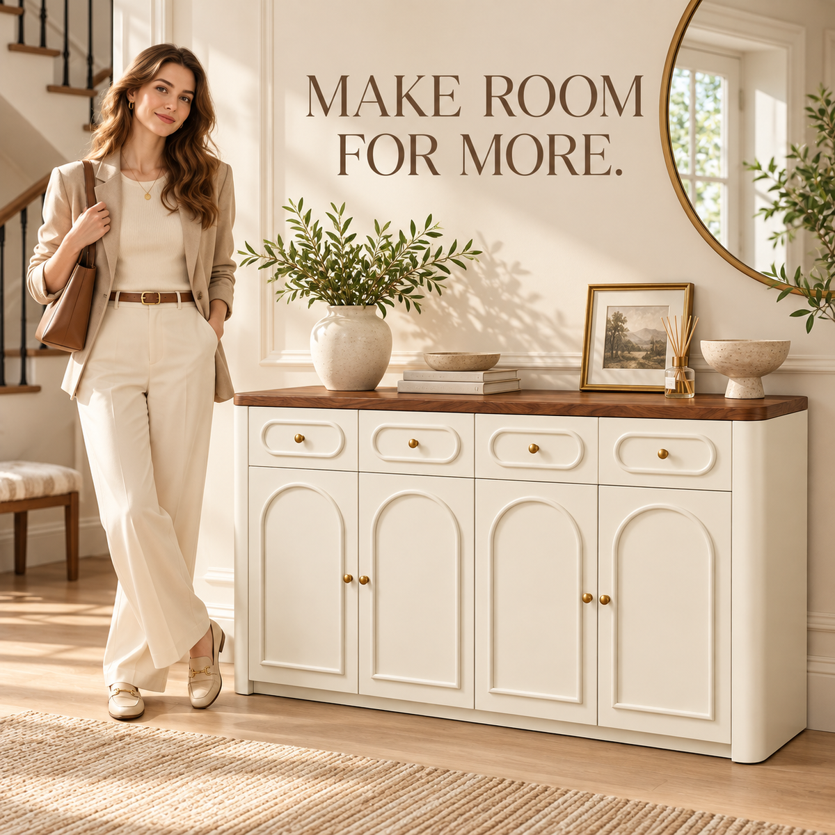 Cream Arched Shoe Cabinet with Walnut-Tone Top