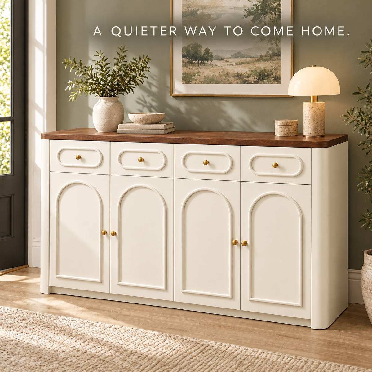 Cream Arched Shoe Cabinet with Walnut-Tone Top