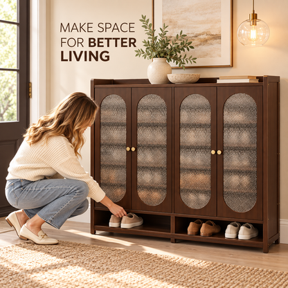 Walnut Tone Textured Panel Shoe Cabinet