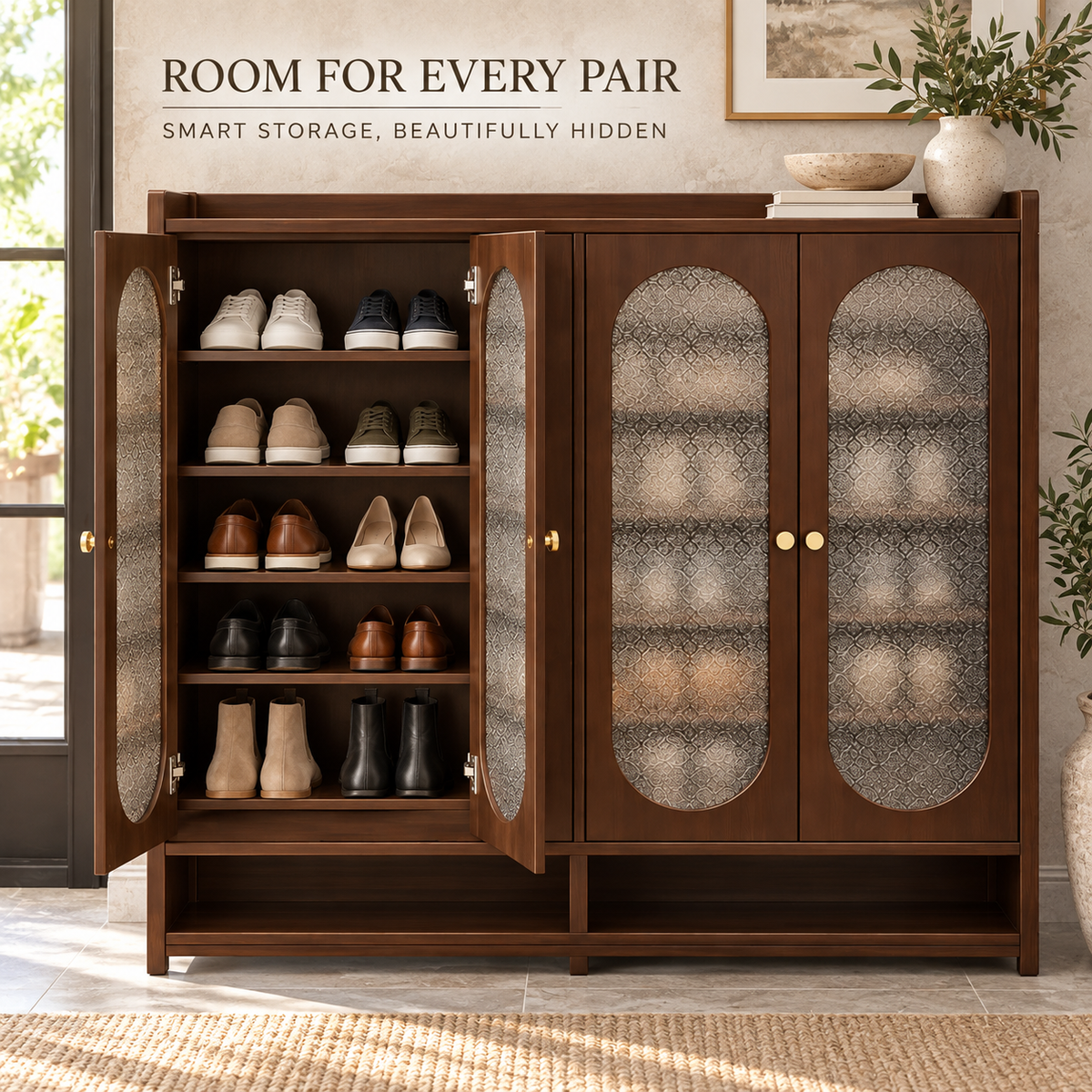 Walnut Tone Textured Panel Shoe Cabinet