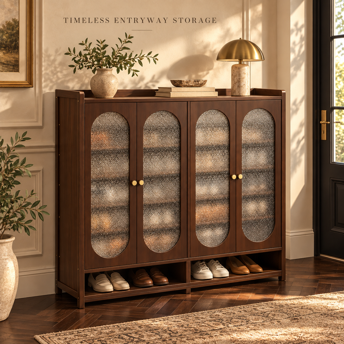 Walnut Tone Textured Panel Shoe Cabinet