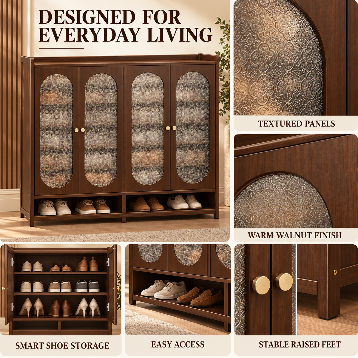 Walnut Tone Textured Panel Shoe Cabinet