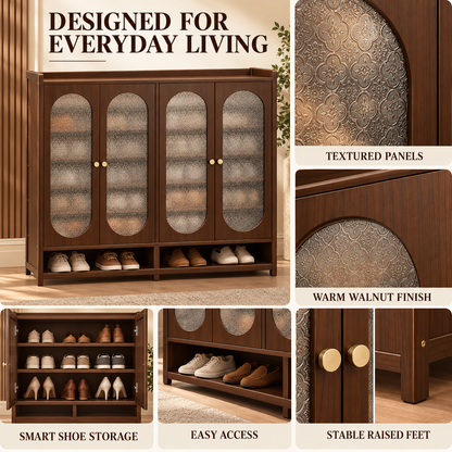 Walnut Tone Textured Panel Shoe Cabinet