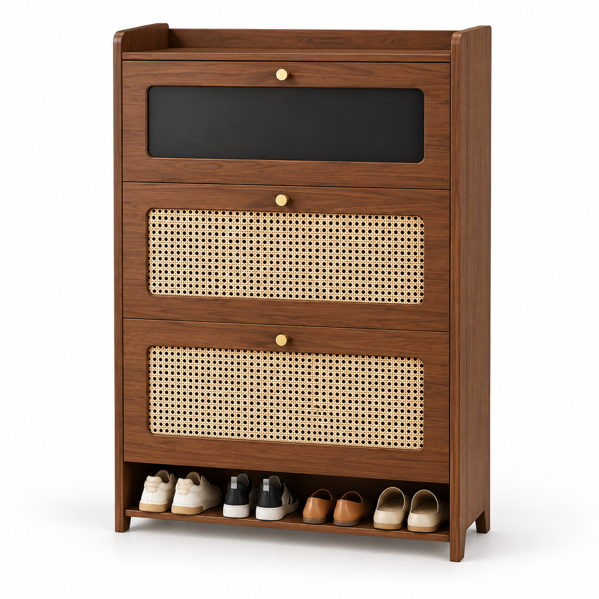 Walnut Tone Cane Front Tilt-Out Shoe Cabinet