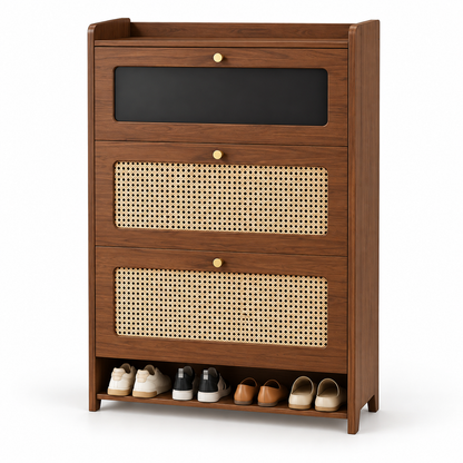Walnut Tone Cane Front Tilt-Out Shoe Cabinet