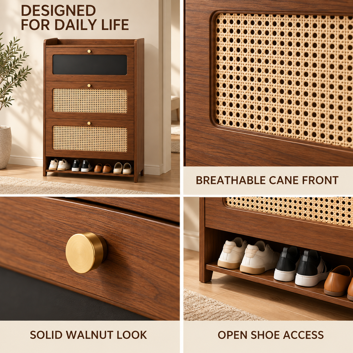 Walnut Tone Cane Front Tilt-Out Shoe Cabinet