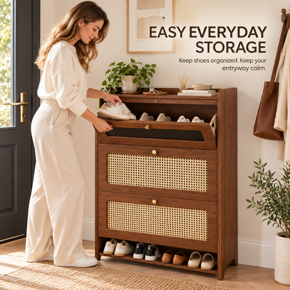 Walnut Tone Cane Front Tilt-Out Shoe Cabinet