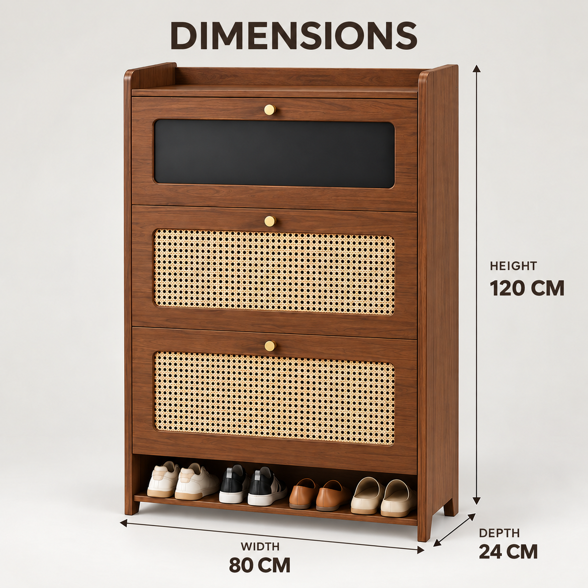 Walnut Tone Cane Front Tilt-Out Shoe Cabinet