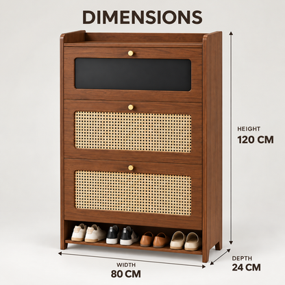 Walnut Tone Cane Front Tilt-Out Shoe Cabinet