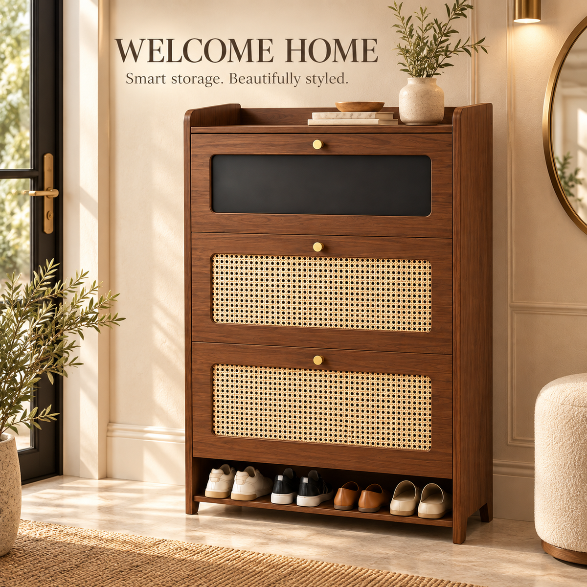 Walnut Tone Cane Front Tilt-Out Shoe Cabinet