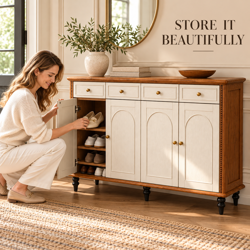 Classic Cream & Walnut Tone Shoe Cabinet