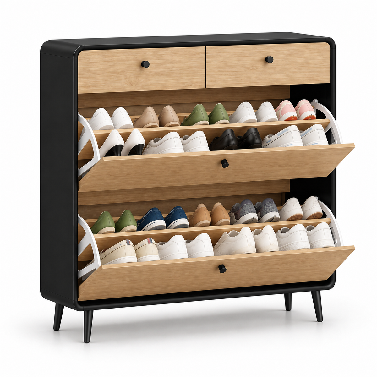 Black & Oak Tone Slim Tilt-Out Shoe Cabinet