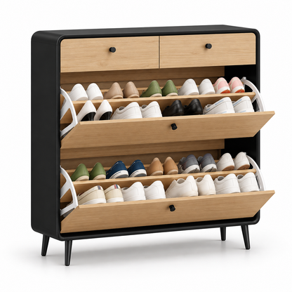 Black & Oak Tone Slim Tilt-Out Shoe Cabinet