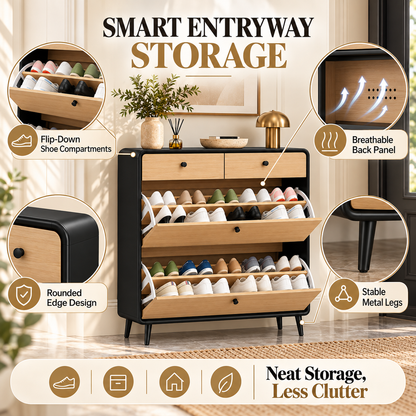 Black & Oak Tone Slim Tilt-Out Shoe Cabinet