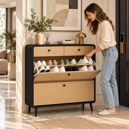 Black & Oak Tone Slim Tilt-Out Shoe Cabinet