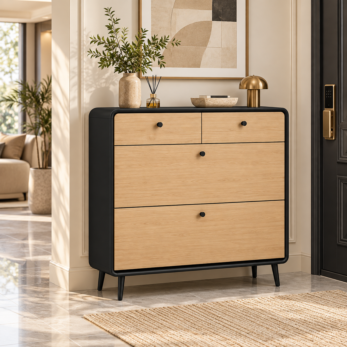 Black & Oak Tone Slim Tilt-Out Shoe Cabinet
