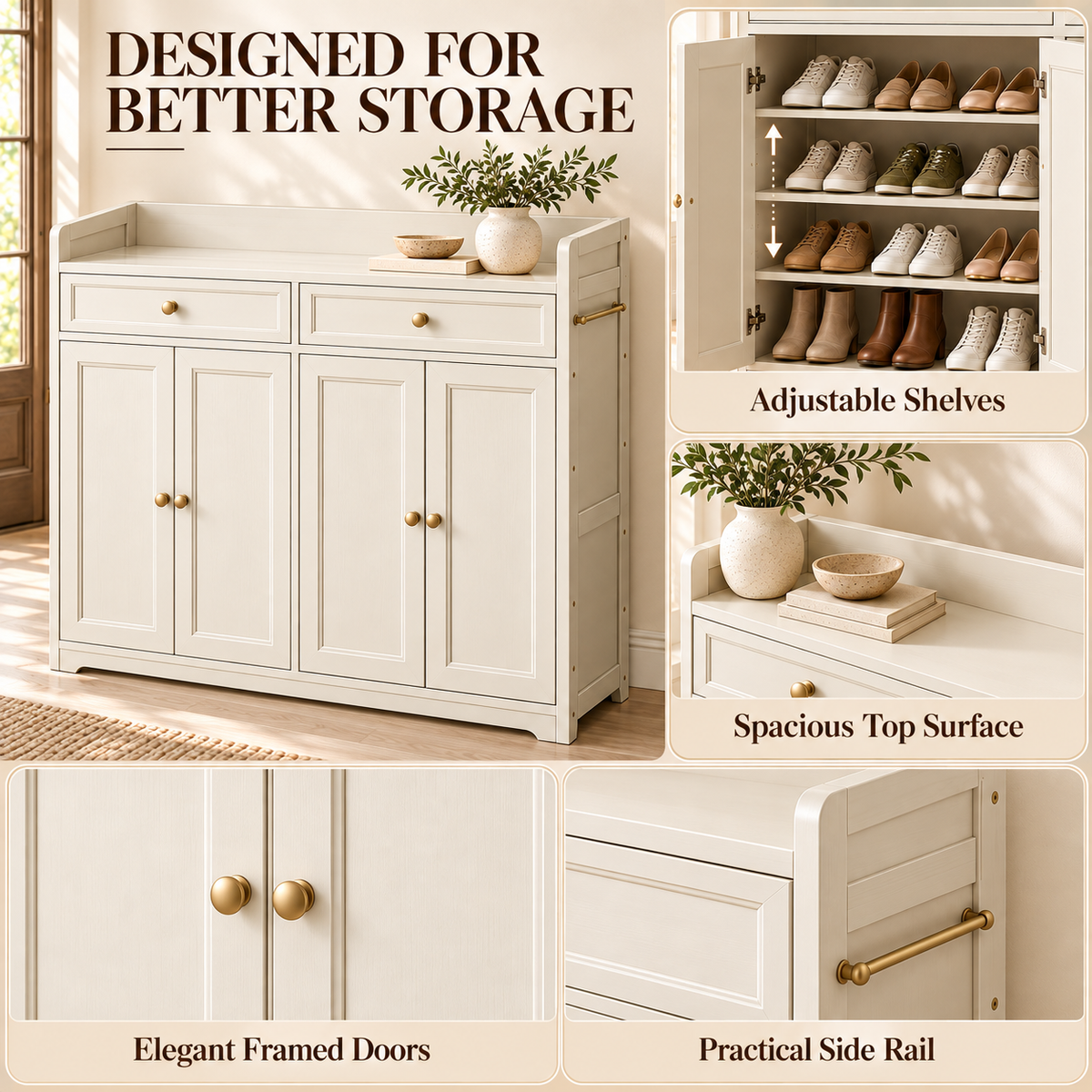 Cream Framed Door Shoe Cabinet with Drawers