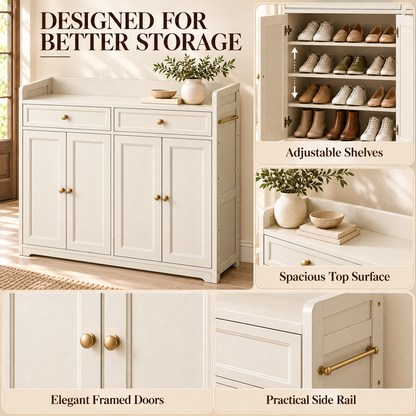 Cream Framed Door Shoe Cabinet with Drawers