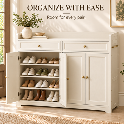 Cream Framed Door Shoe Cabinet with Drawers